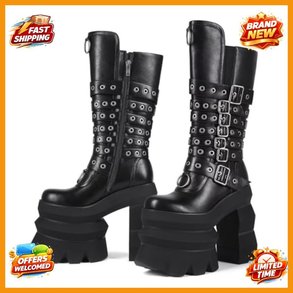 Platform Heel Mid-Calf Boots with Buckle Detail, Synthetic Leather, Wide Calf - Picture 4 of 7
